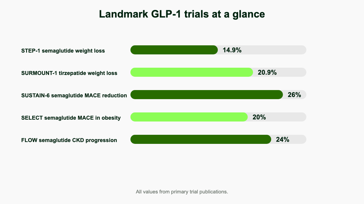 Five horizontal bars summarizing landmark GLP-1 trial outcomes: 14.9 percent weight loss in STEP-1, 20.9 percent in SURMOUNT-1, 26 percent MACE reduction in SUSTAIN-6, 20 percent MACE reduction in SELECT, 24 percent CKD progression reduction in FLOW.