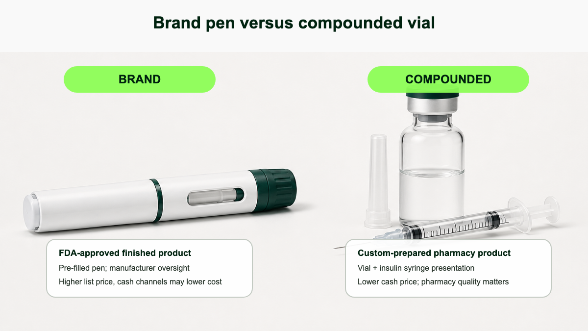 Side-by-side comparison of an FDA-approved brand pen versus a compounded vial-and-syringe, with key differences listed underneath each: regulatory status, oversight, presentation, and price range.