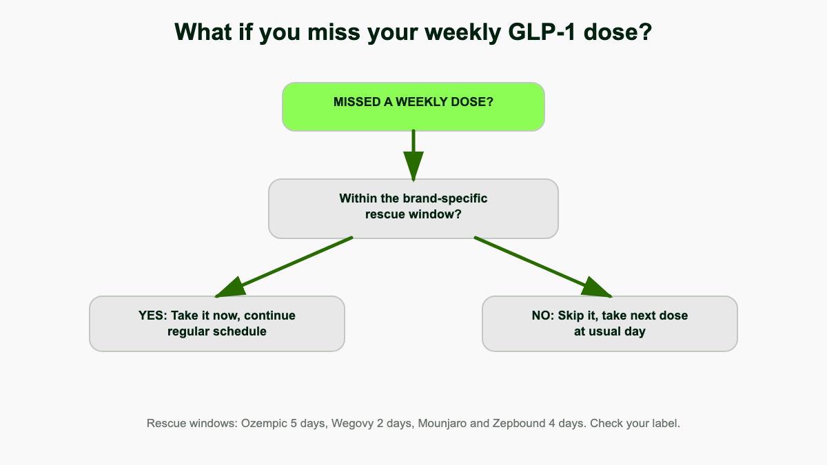 Decision flowchart for a missed weekly GLP-1 dose: if within the brand-specific rescue window, take it now; if not, skip and resume on the regular day.