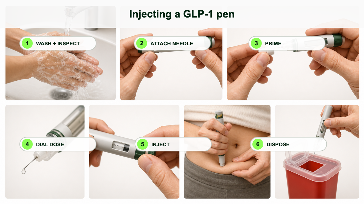 Six-panel infographic showing pen injection technique: wash hands and inspect, attach a needle, prime the pen, dial the dose, inject at 90 degrees and hold, then dispose in a sharps container.