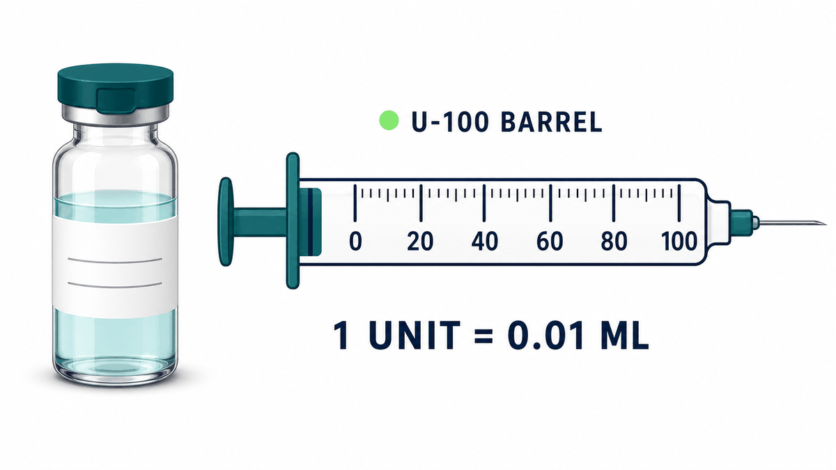 A glass peptide vial beside a U-100 insulin syringe whose barrel scale is labeled 0, 20, 40, 60, 80 and 100 units, captioned one unit equals 0.01 mL