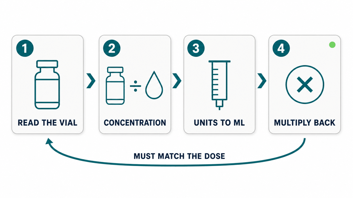 Four step reverse check for a peptide dose: read the vial label, restate concentration, convert syringe units to milliliters, then multiply back to milligrams