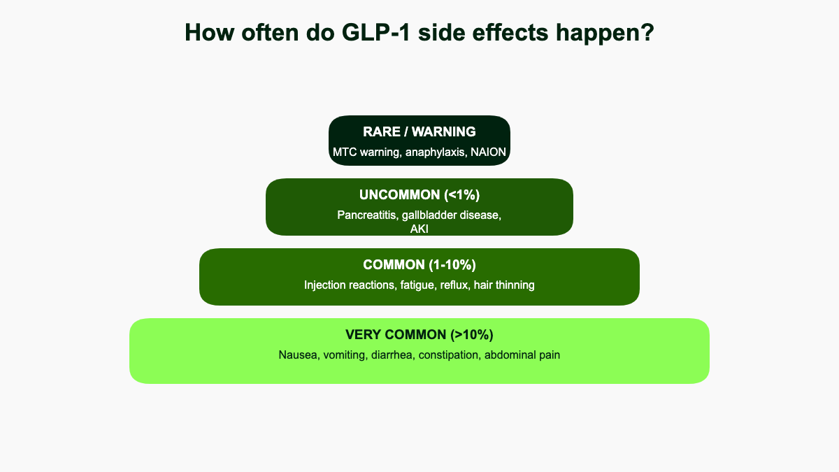 Frequency pyramid of GLP-1 side effects showing very common GI symptoms at the wide base, then injection site reactions and fatigue, then uncommon pancreatitis and gallbladder events, with rare boxed-warning issues at the top.