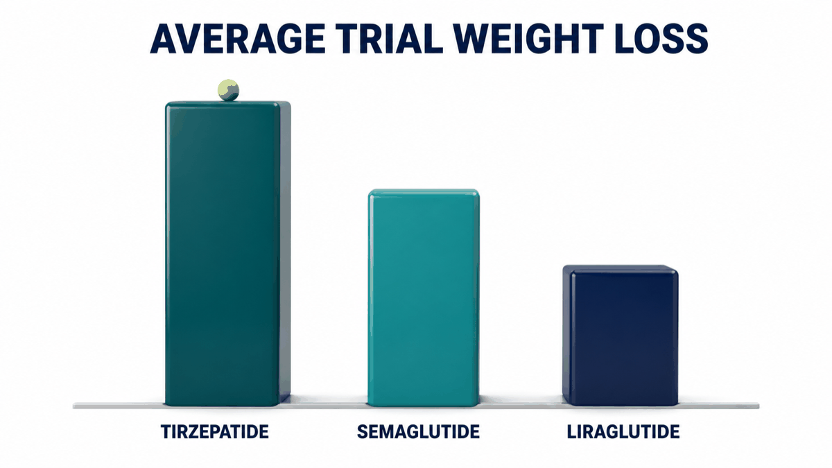 Bar chart comparing average trial weight loss for tirzepatide, semaglutide and liraglutide injections