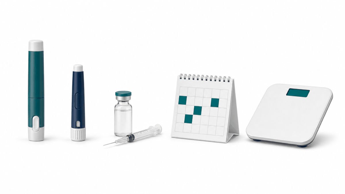 Weight loss injections lineup showing weekly auto-injector pen, daily injector pen, vial and syringe, dosing calendar and scale